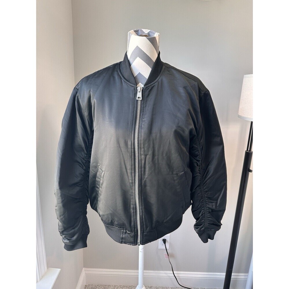 Levis Black Satin Ruched Sleeve Bomber Jacket Medium Womens Relaxed Zip Coat